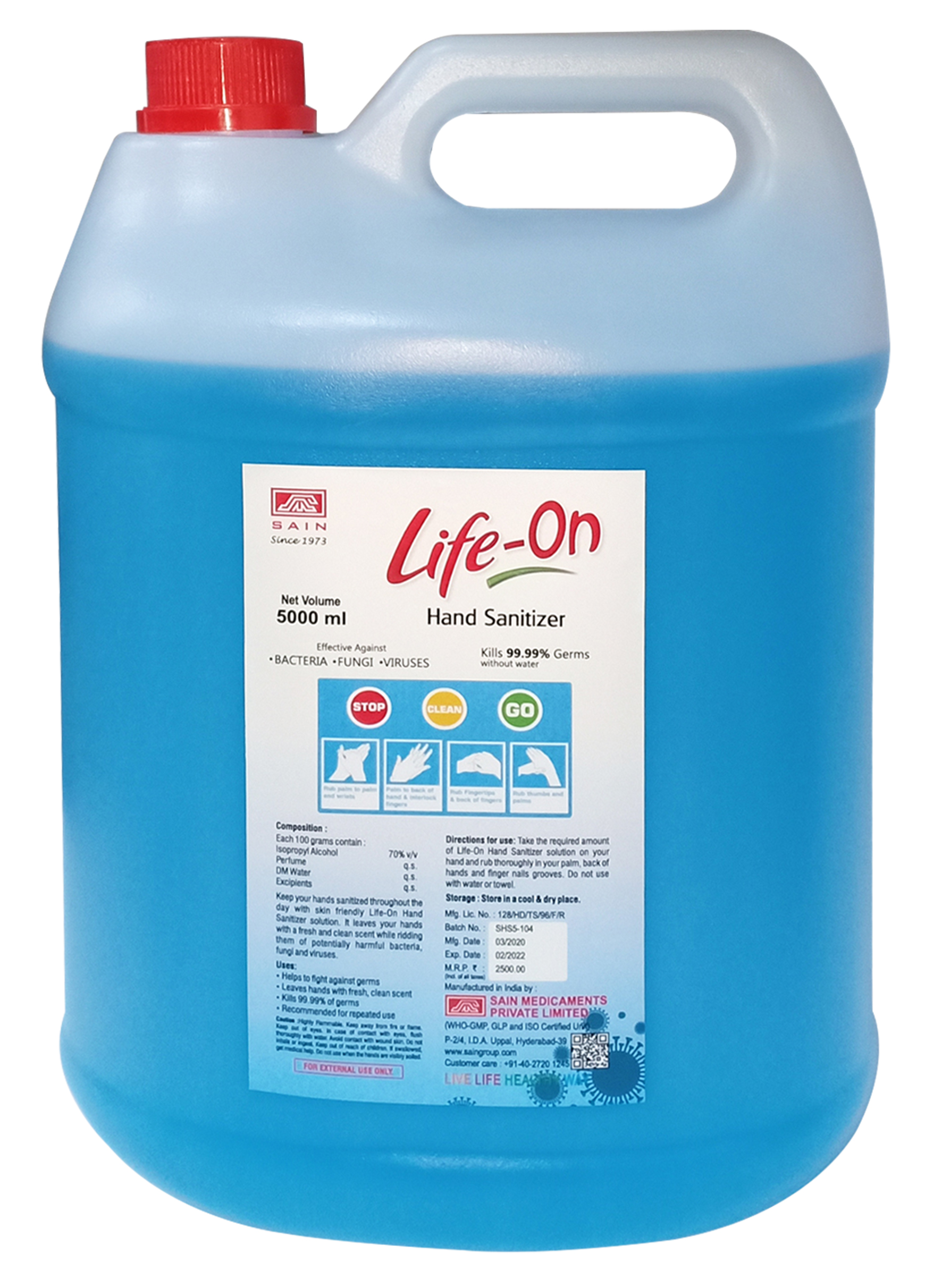 LIFE-ON Hand Sanitizer 5000ml Solution, 70% IPA Can with Pump Dispenser (contains Vitamin E and Glycerine)